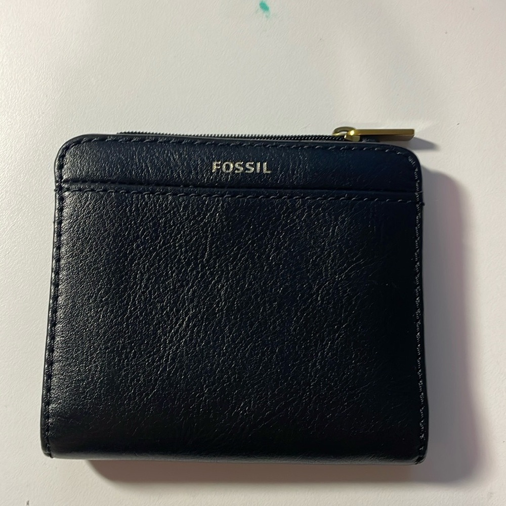 Fossil Black Leather Zip Card Wallet with Gold Hardware